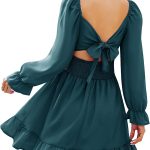AISWI Women's Tie Back Flowy Dress Long Lantern Sleeve Square Neck Ruffle Elastic Waist Aline Casual Mini Dress